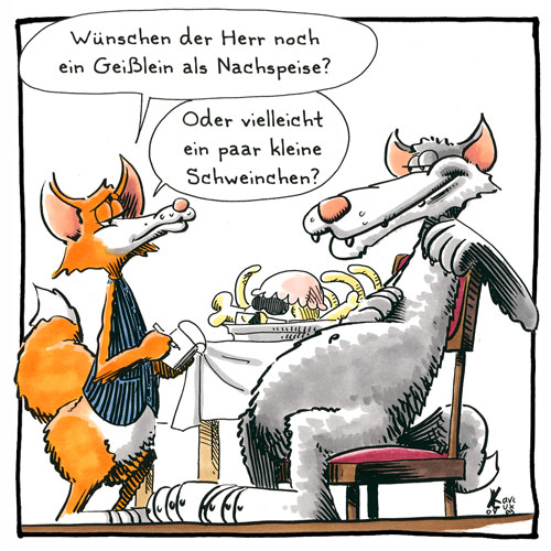 Cartoon 021, Wolf, Großmutter, Fleisch, Metzger, Fleischhacker