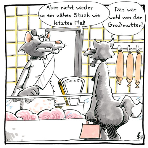 Cartoon 022, Wolf, Großmutter, Fleisch, Metzger, Fleischhacker