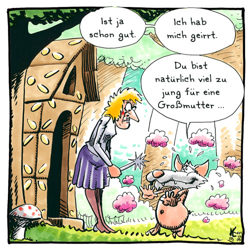 Cartoon 024, Wolf, böse Hexe, drei kleine Schweinchen
