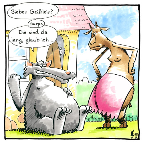Cartoon 029, Wolf, sieben Geißlein, Einladung