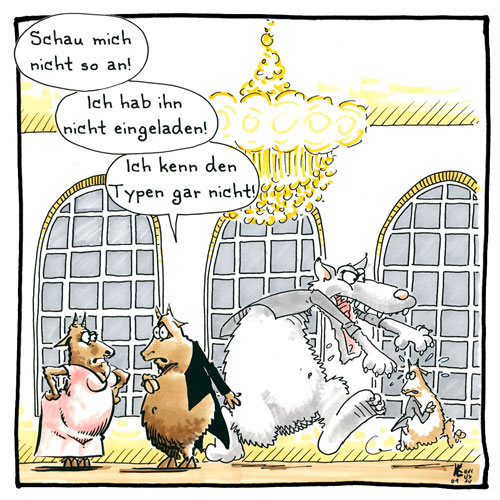 Cartoon 030, Wolf, sieben Geißlein, Einladung