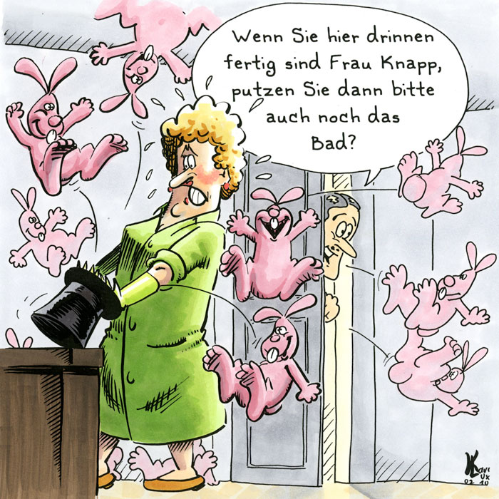 Cartoon 033, Zauberer, rosa Häschen, Putzfrau