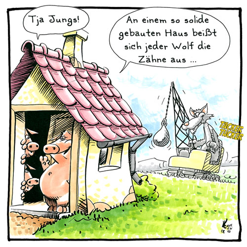 Cartoon 039, Wolf, drei kleine Schweinchen, Haus aus 'Stein