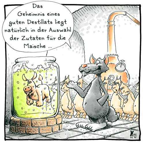 Cartoon 050, Wolf, sieben Geißlein, Schnapsbrennen