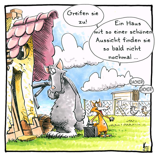 Cartoon 054, Wolf, Fuchs, Hühner, Aussicht