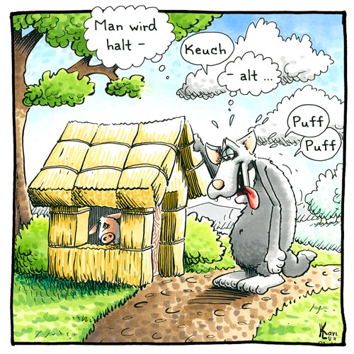 Cartoon 056, Wolf, drei kleine Schweinchen, Haus aus Stroh