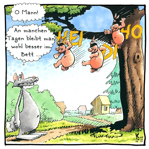 Cartoon 061, Wolf, drei kleine Schweinchen, Ninja