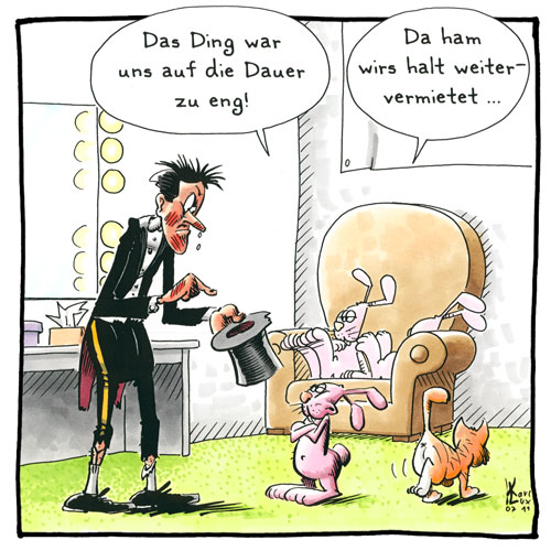 Cartoon 062, Zauberer, Zylinder, Katze, rosa Häschen