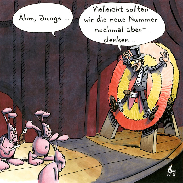 Cartoon 089, Zauberer, Bühne, Messerwerfer, rosa Häschen