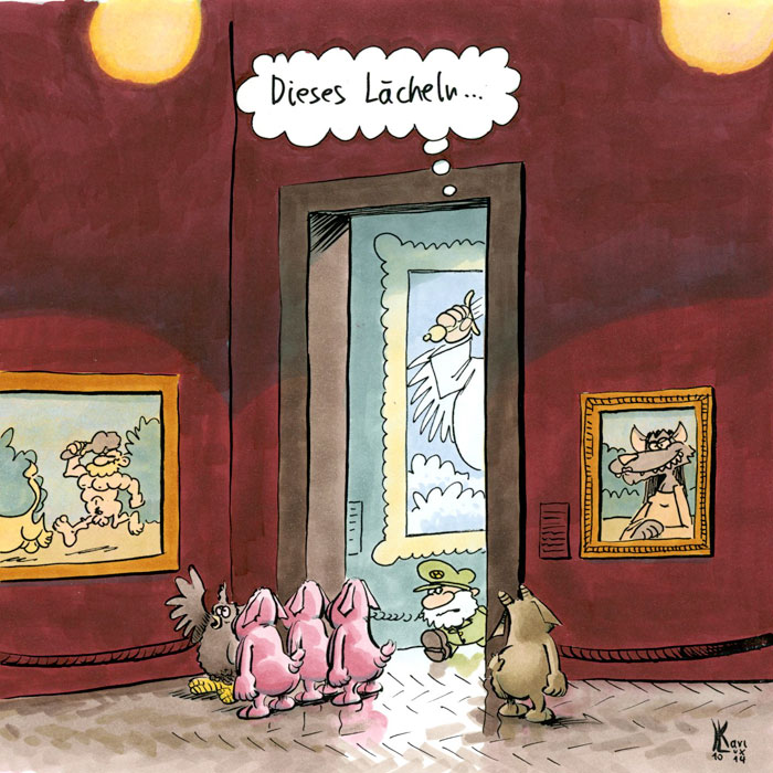 Cartoon 100, Museum, drei kleine Schweinchen, Eule, Wolf, Geißlein, Zwerg